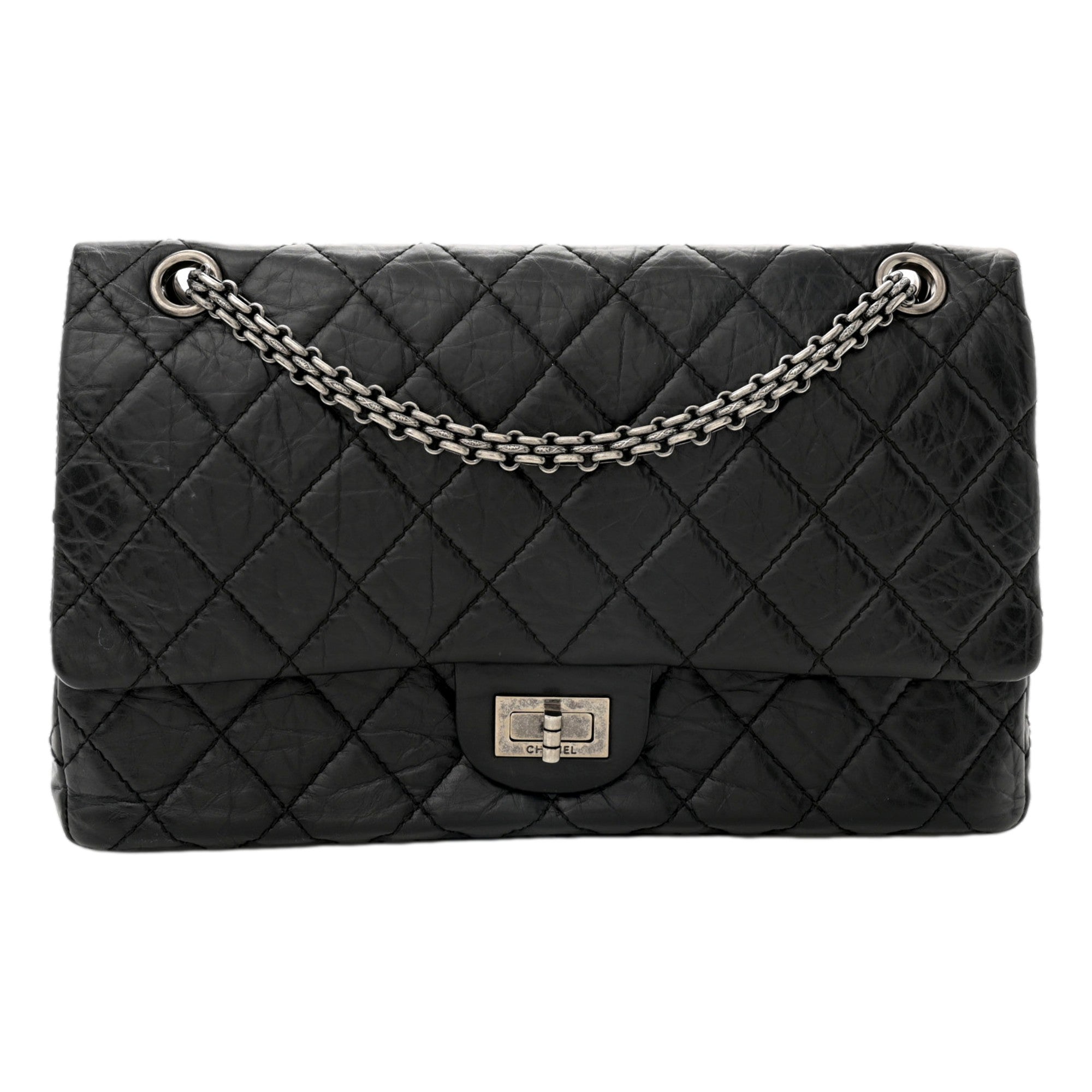 Chanel Black Aged Calfskin Quilted 2.55 Reissue 225 Flap Handbag With Chain available at Queen Bee of Beverly Hills