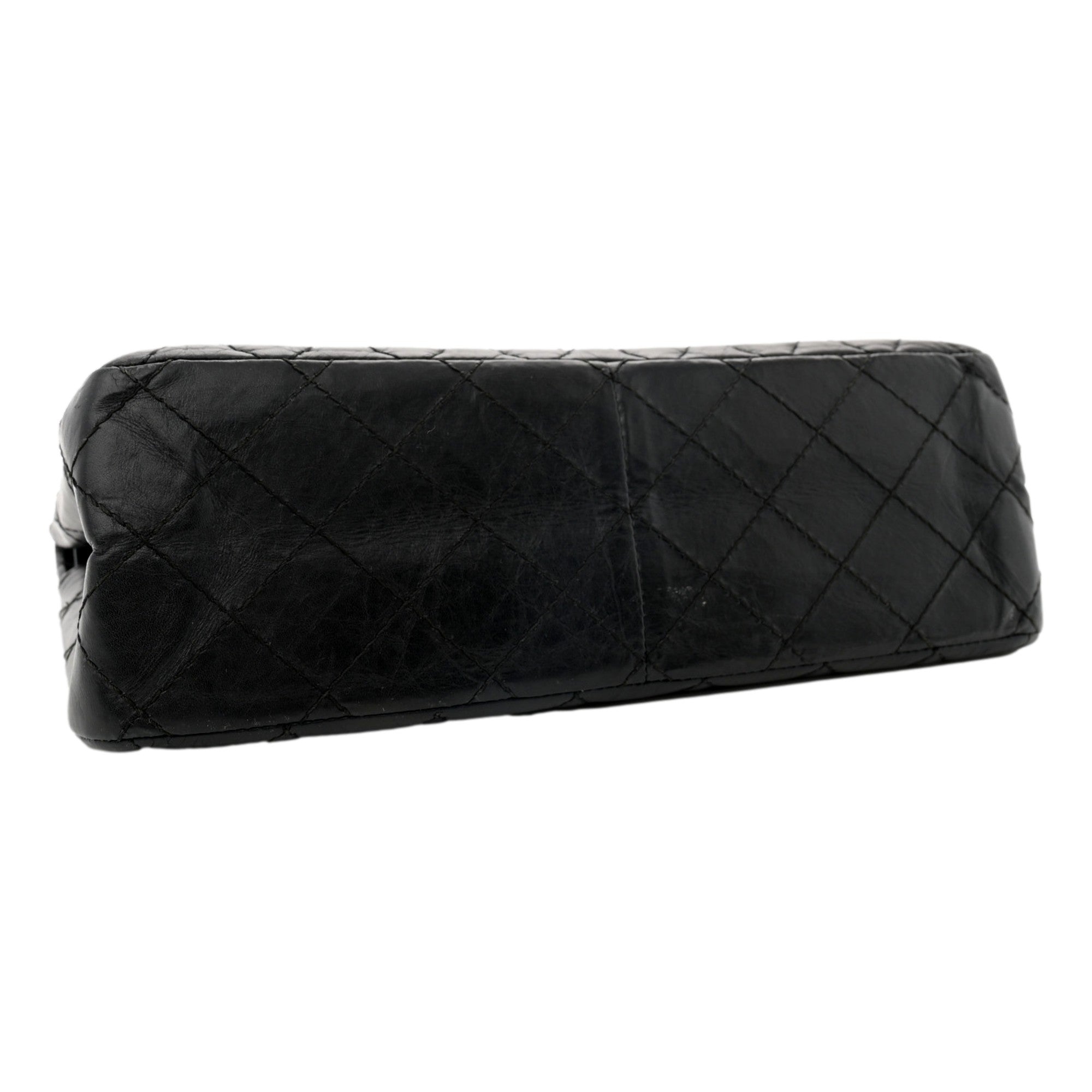 Chanel Black Aged Calfskin Quilted 2.55 Reissue 225 Flap Handbag With Chain available at Queen Bee of Beverly Hills