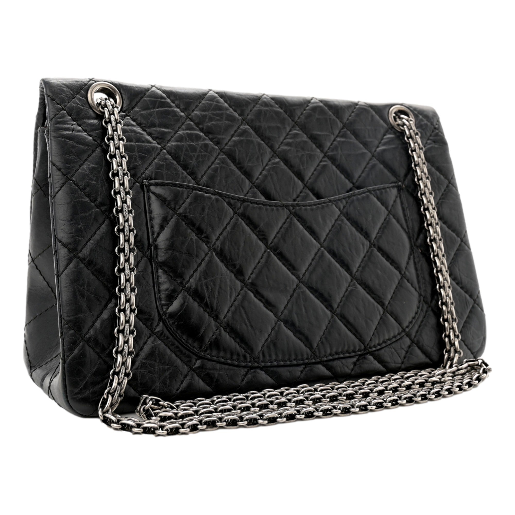 Chanel Black Aged Calfskin Quilted 2.55 Reissue 225 Flap Handbag With Chain available at Queen Bee of Beverly Hills