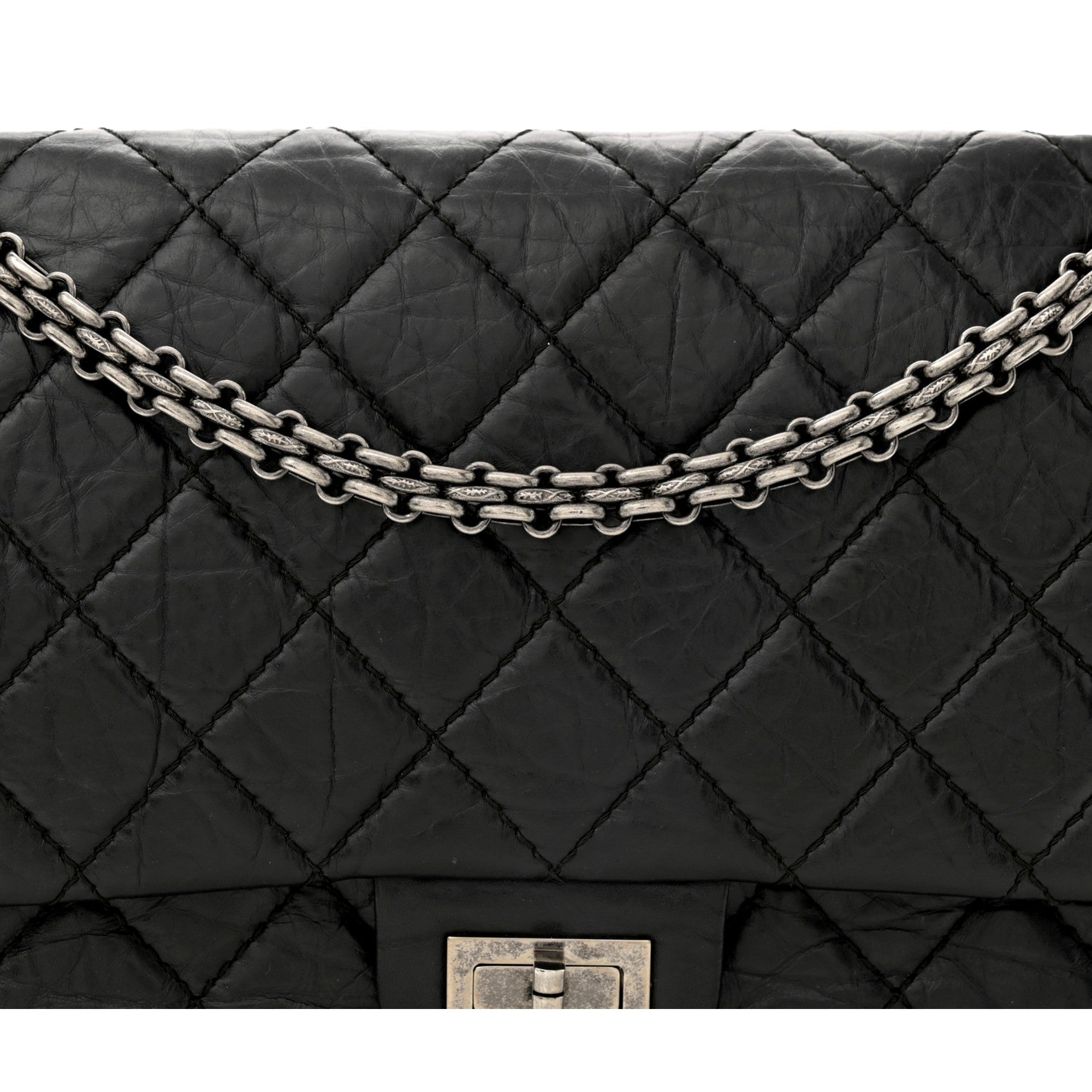 Chanel Black Aged Calfskin Quilted 2.55 Reissue 225 Flap Handbag With Chain available at Queen Bee of Beverly Hills