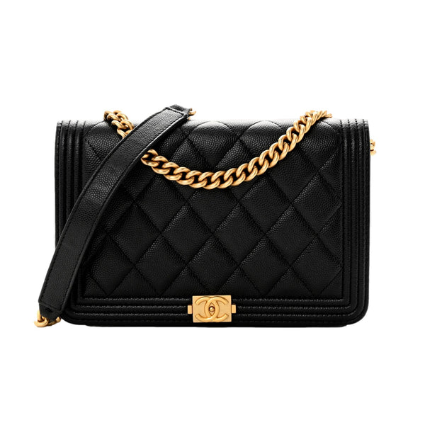Chanel Boy Quilted Black Caviar Leather Wallet on Chain Crossbody