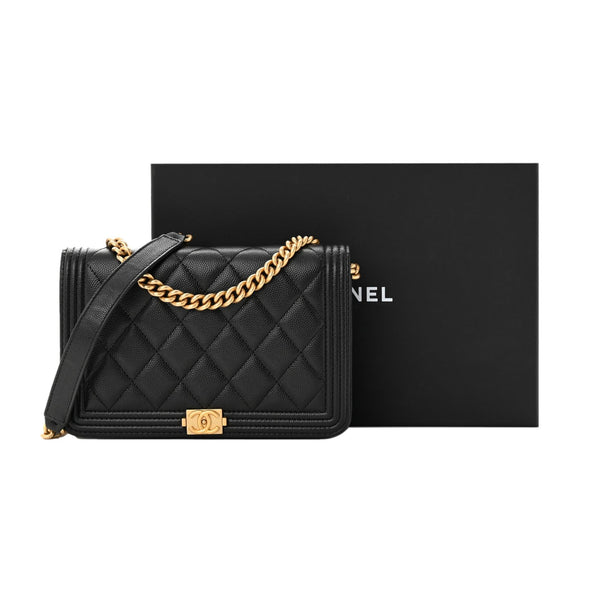 Chanel Boy Quilted Black Caviar Leather Wallet on Chain Crossbody Bag