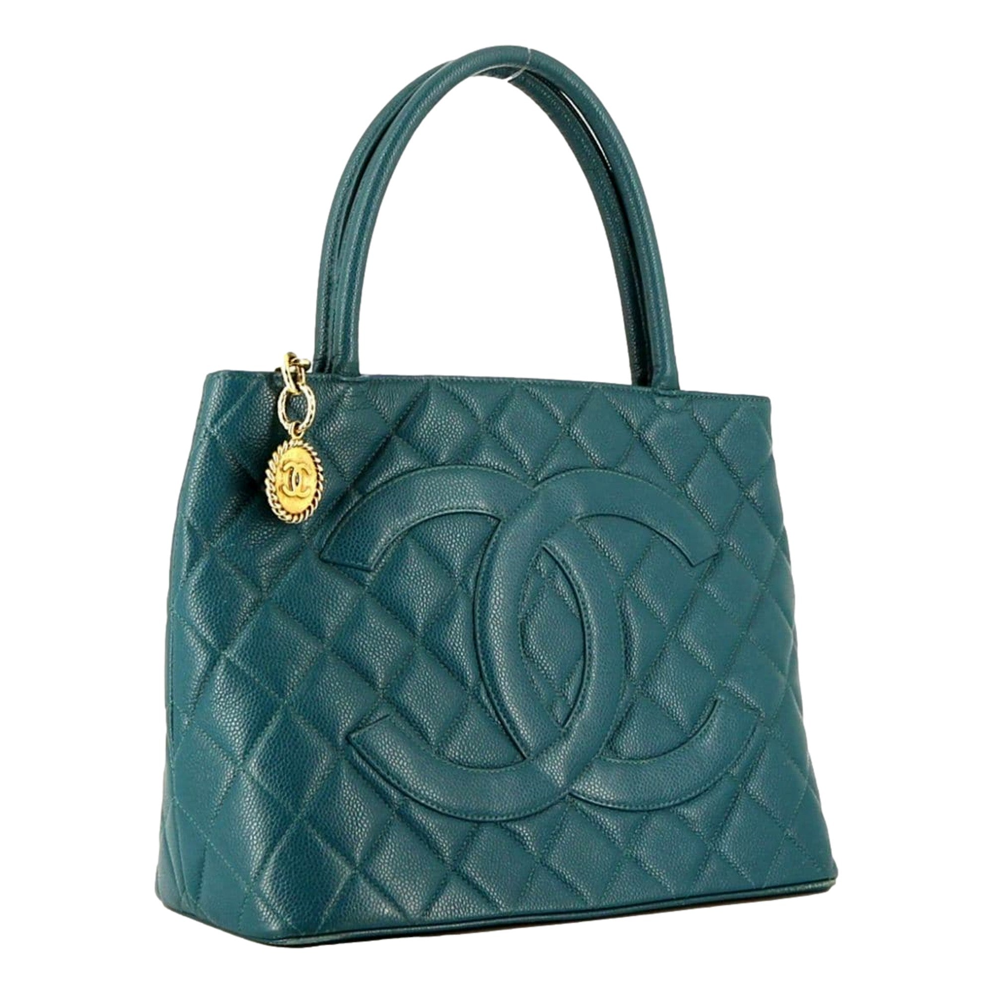 Chanel Caviar Leather CC Medallion Tote Bag Teal Blue available at Queen Bee of Beverly Hills