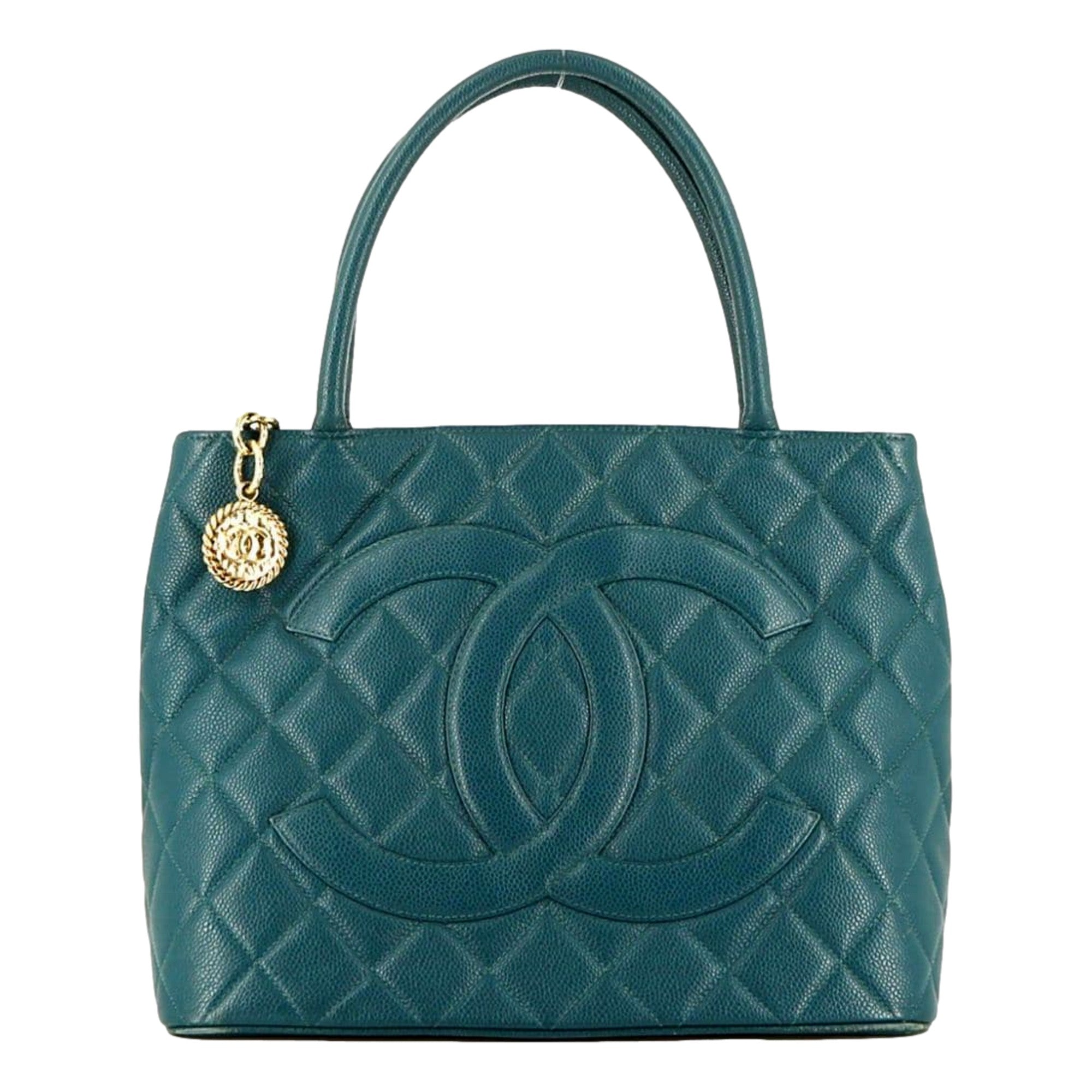 Chanel Caviar Leather CC Medallion Tote Bag Teal Blue available at Queen Bee of Beverly Hills