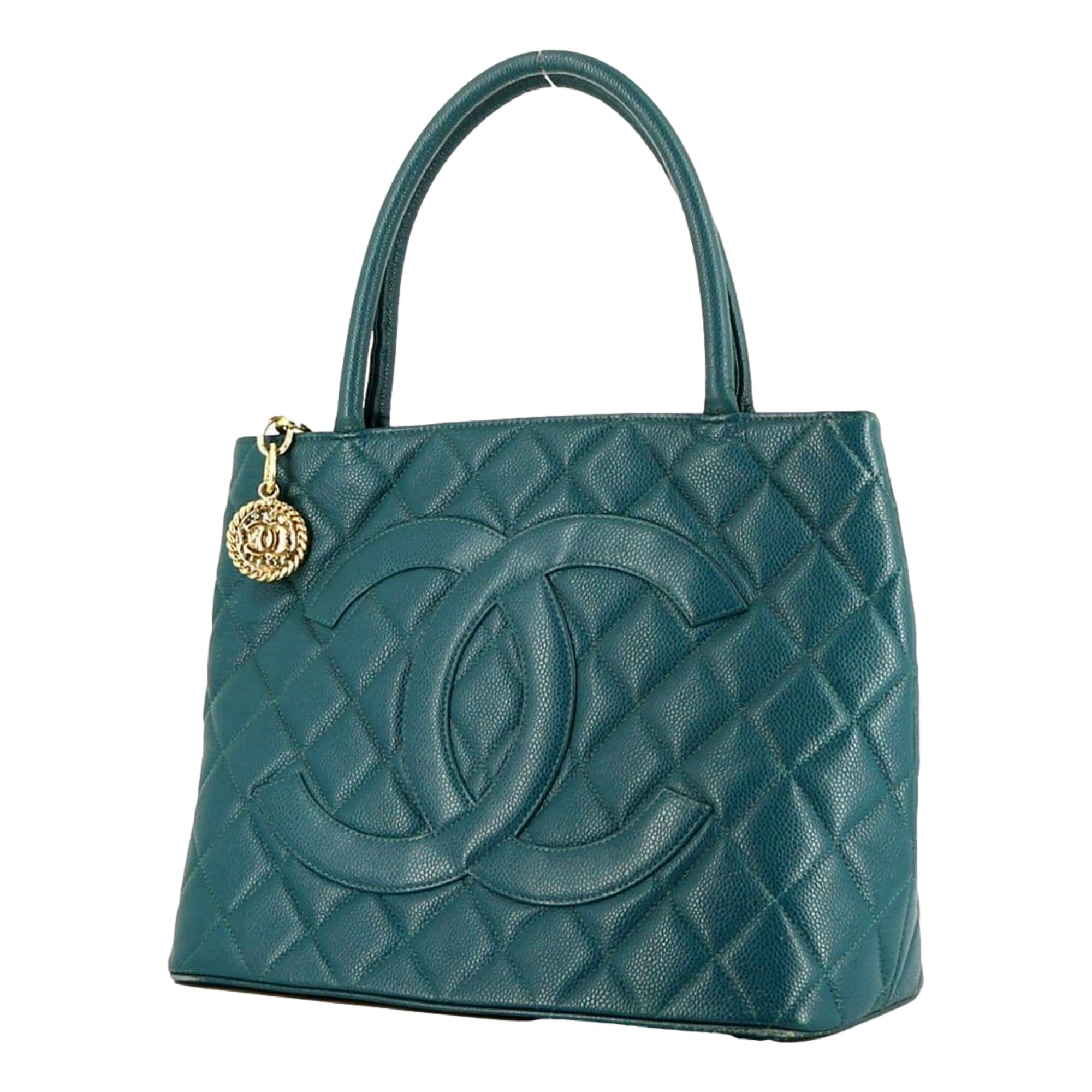 Chanel Caviar Leather CC Medallion Tote Bag Teal Blue available at Queen Bee of Beverly Hills