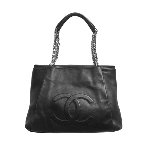 Chanel CC Embossed Black Leather Tote Bag at_Queen_Bee_of_Beverly_Hills