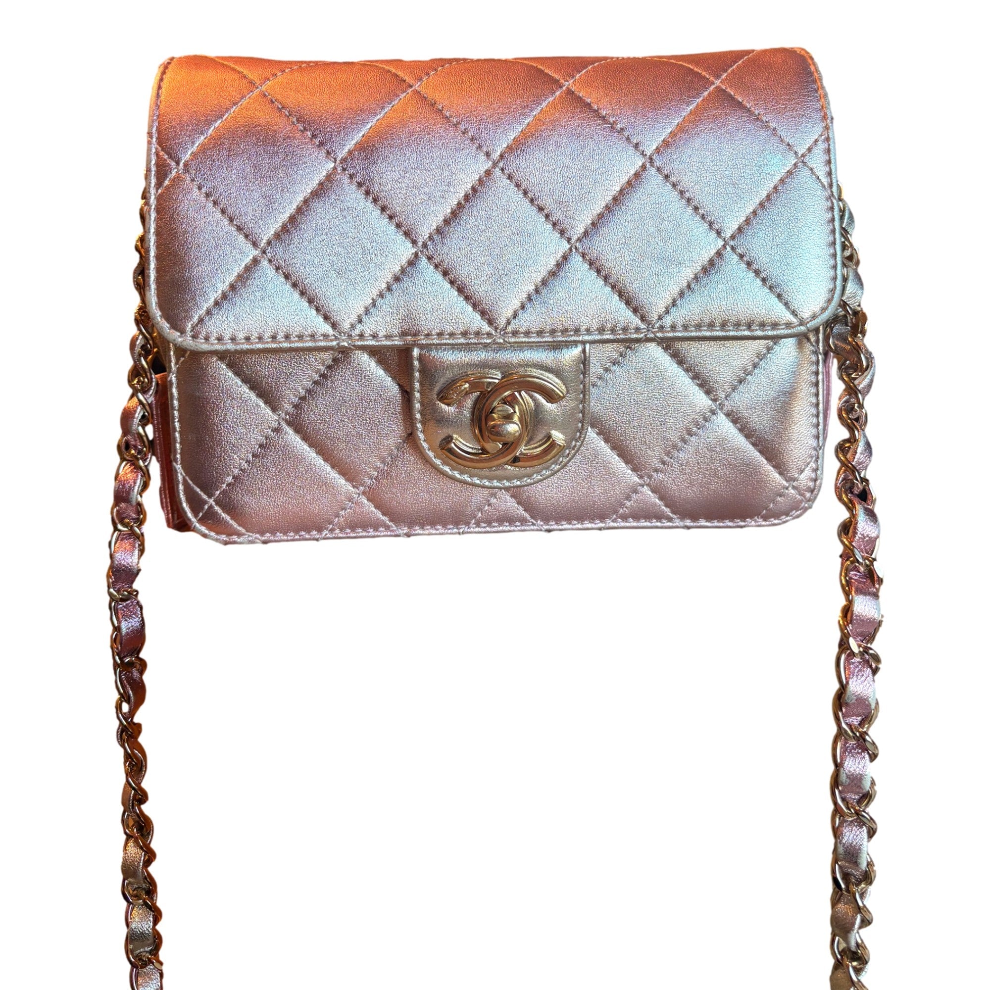 Chanel Mini Flap Bag in Iridescent Pink & Silver Metallic Lambskin available at Queen Bee of Beverly Hills