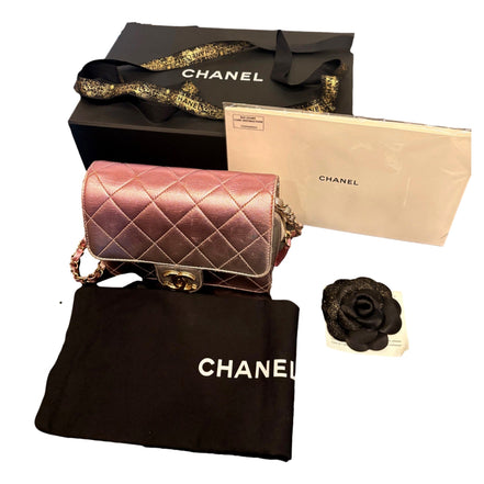 Chanel Mini Flap Bag in Iridescent Pink & Silver Metallic Lambskin available at Queen Bee of Beverly Hills