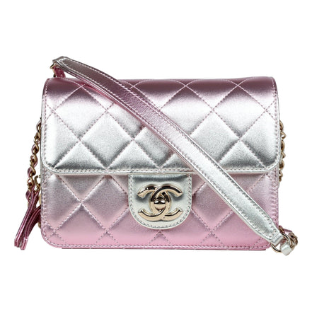 Chanel Mini Flap Bag in Iridescent Pink & Silver Metallic Lambskin available at Queen Bee of Beverly Hills