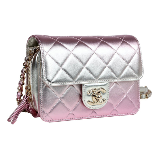 Chanel Mini Flap Bag in Iridescent Pink & Silver Metallic Lambskin available at Queen Bee of Beverly Hills