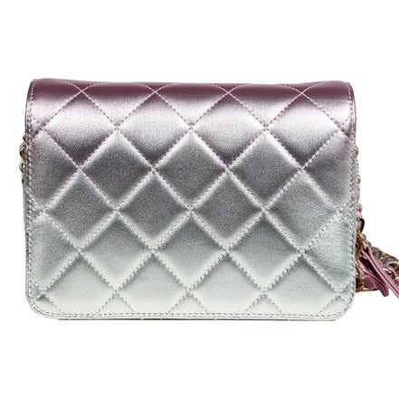 Chanel Mini Flap Bag in Iridescent Pink & Silver Metallic Lambskin available at Queen Bee of Beverly Hills