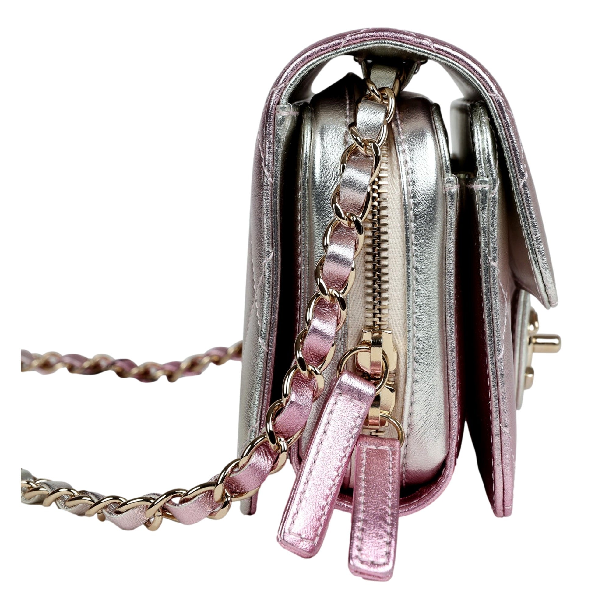 Chanel Mini Flap Bag in Iridescent Pink & Silver Metallic Lambskin available at Queen Bee of Beverly Hills