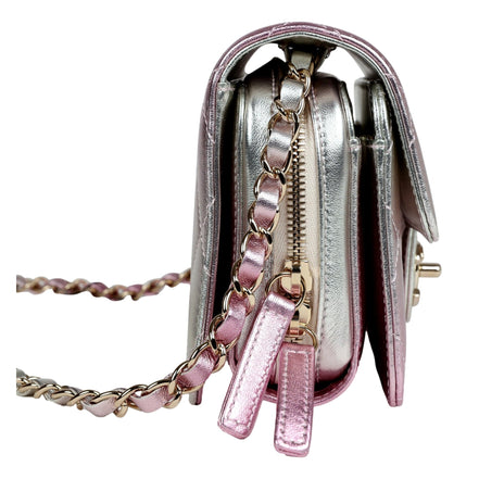 Chanel Mini Flap Bag in Iridescent Pink & Silver Metallic Lambskin available at Queen Bee of Beverly Hills