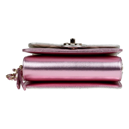 Chanel Mini Flap Bag in Iridescent Pink & Silver Metallic Lambskin available at Queen Bee of Beverly Hills