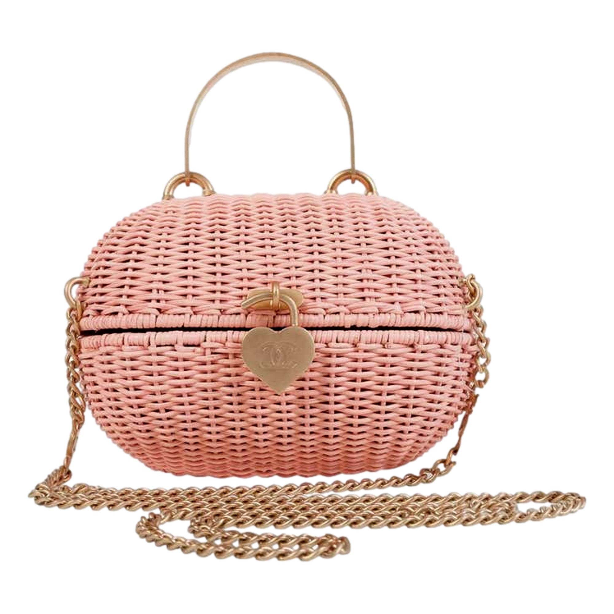 Chanel Pink Oval Wicker Heart CC Charm Closure 2-Way Handle Crossbody Bag available at Queen Bee of Beverly Hills