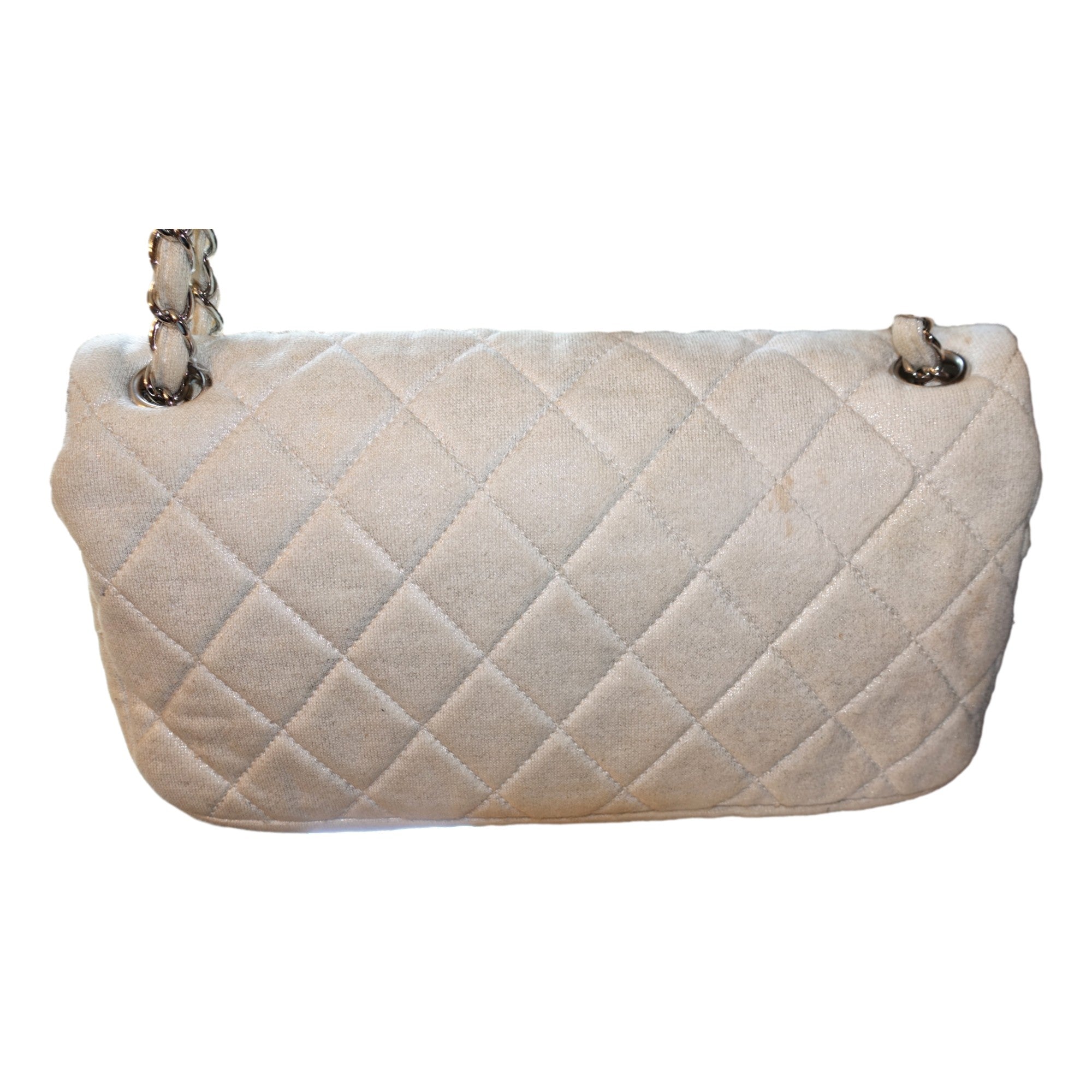 Chanel Shimmer Craie White Jersey Classic Flap Bag available at Queen Bee of Beverly Hills