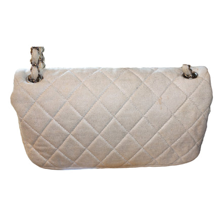 Chanel Shimmer Craie White Jersey Classic Flap Bag available at Queen Bee of Beverly Hills
