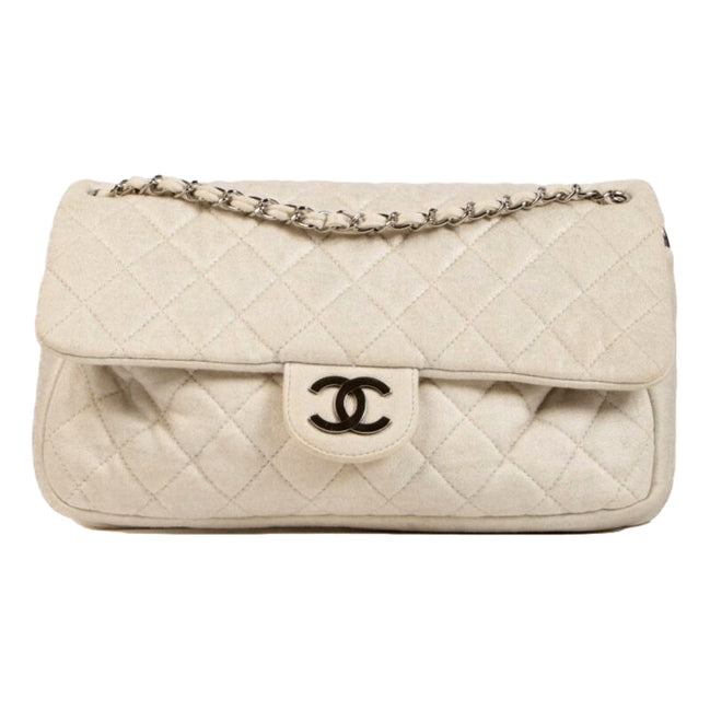 Chanel Shimmer Craie White Jersey Classic Flap Bag available at Queen Bee of Beverly Hills