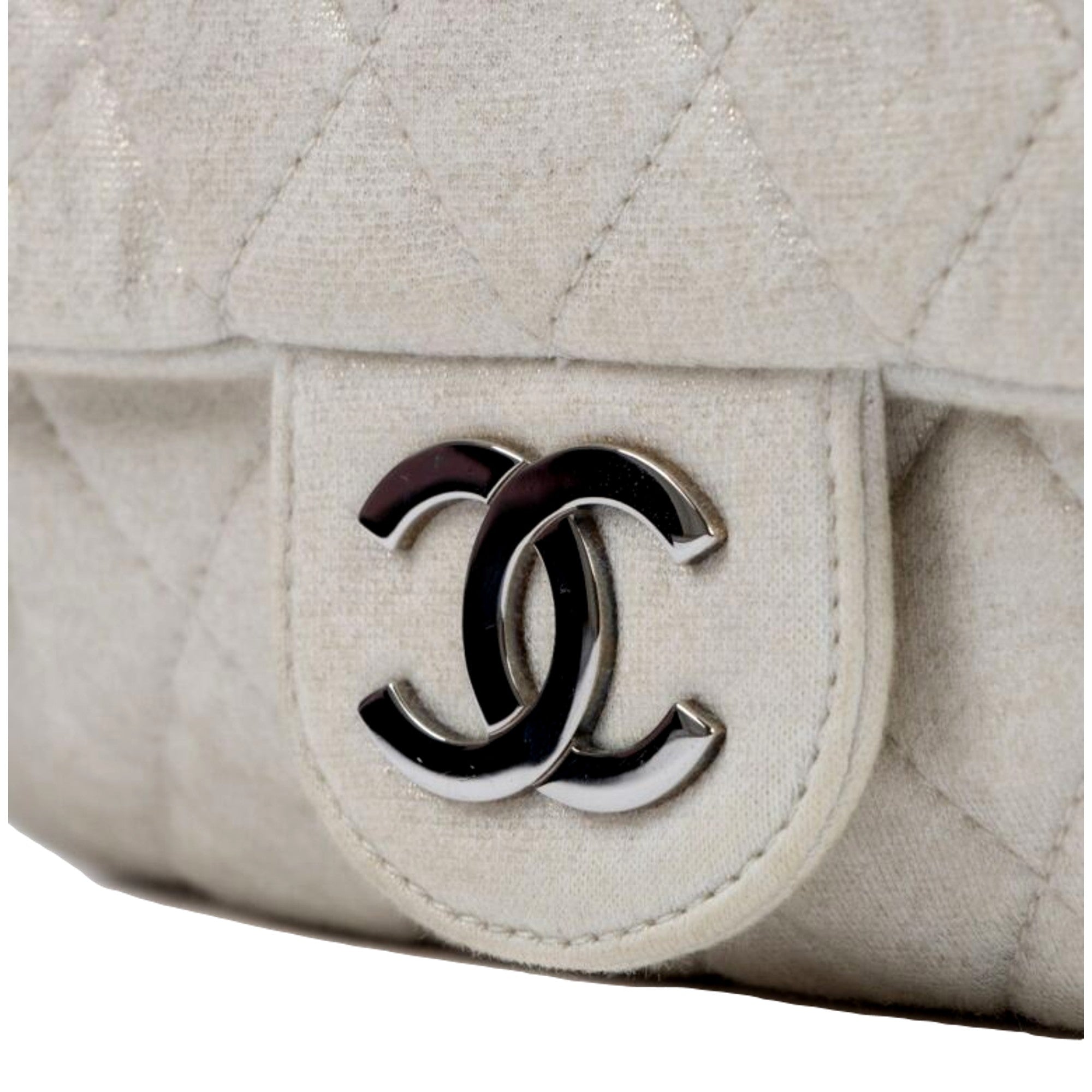 Chanel Shimmer Craie White Jersey Classic Flap Bag available at Queen Bee of Beverly Hills