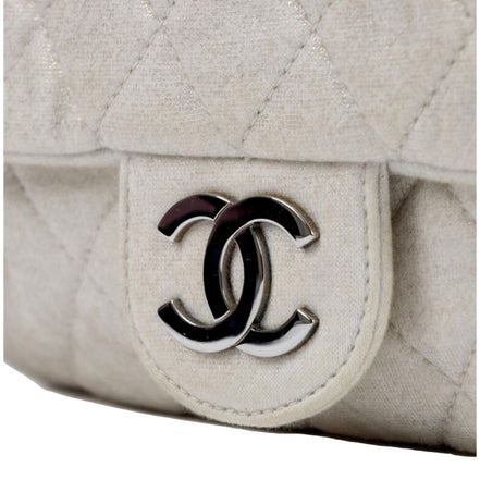 Chanel Shimmer Craie White Jersey Classic Flap Bag available at Queen Bee of Beverly Hills