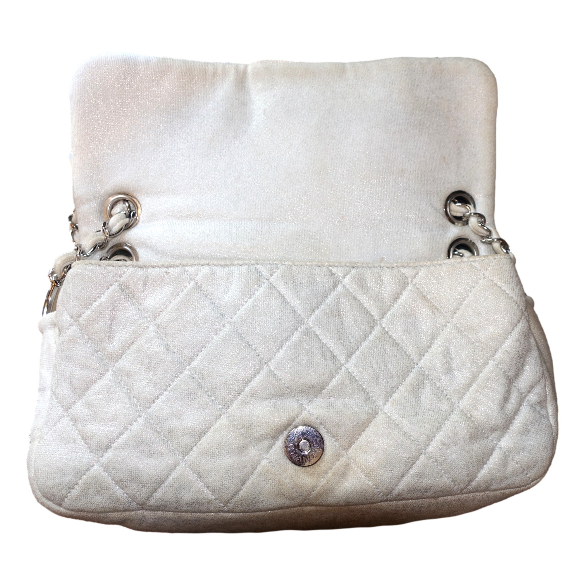 Chanel Shimmer Craie White Jersey Classic Flap Bag available at Queen Bee of Beverly Hills