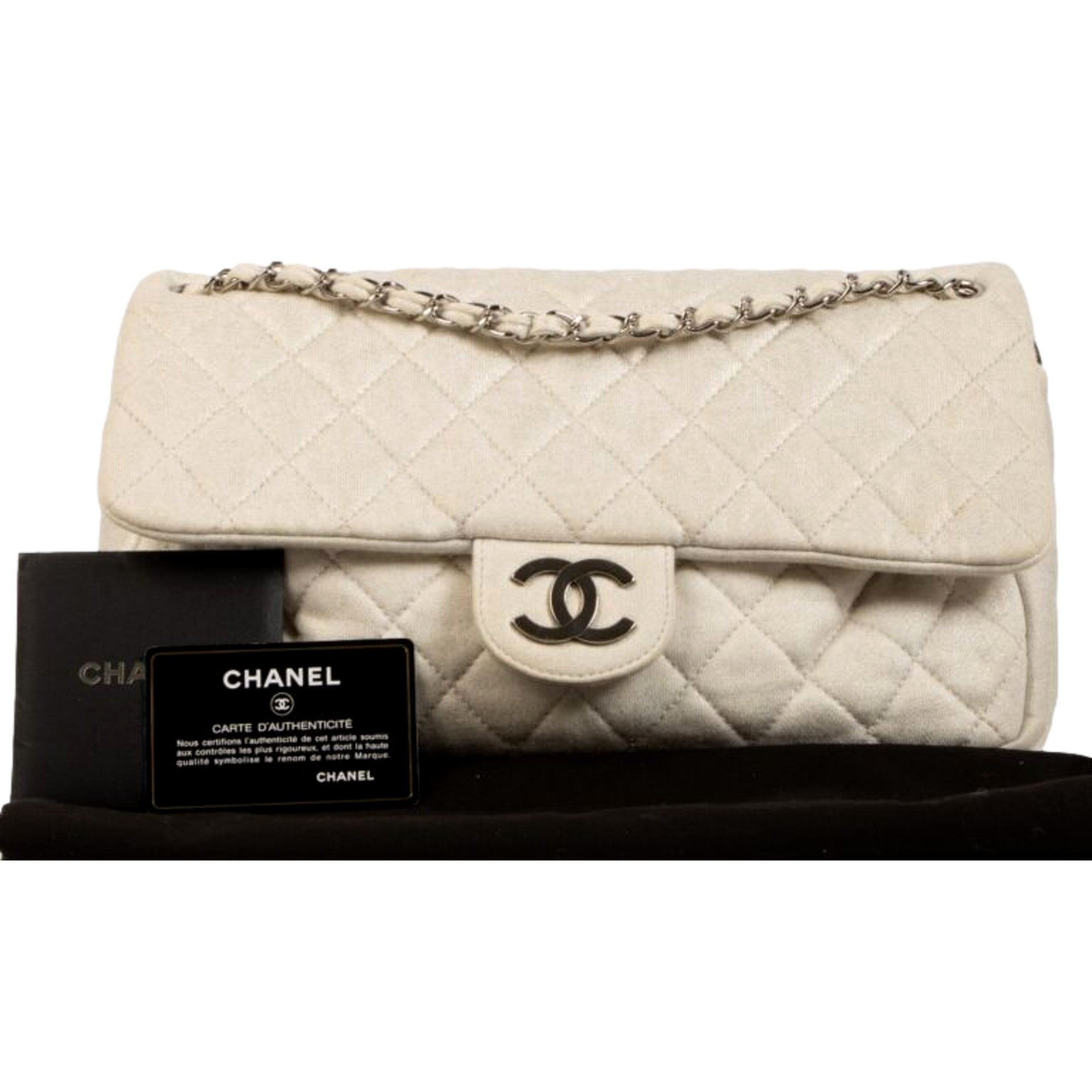 Chanel Shimmer Craie White Jersey Classic Flap Bag available at Queen Bee of Beverly Hills