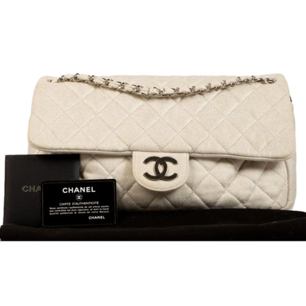 Chanel Shimmer Craie White Jersey Classic Flap Bag available at Queen Bee of Beverly Hills