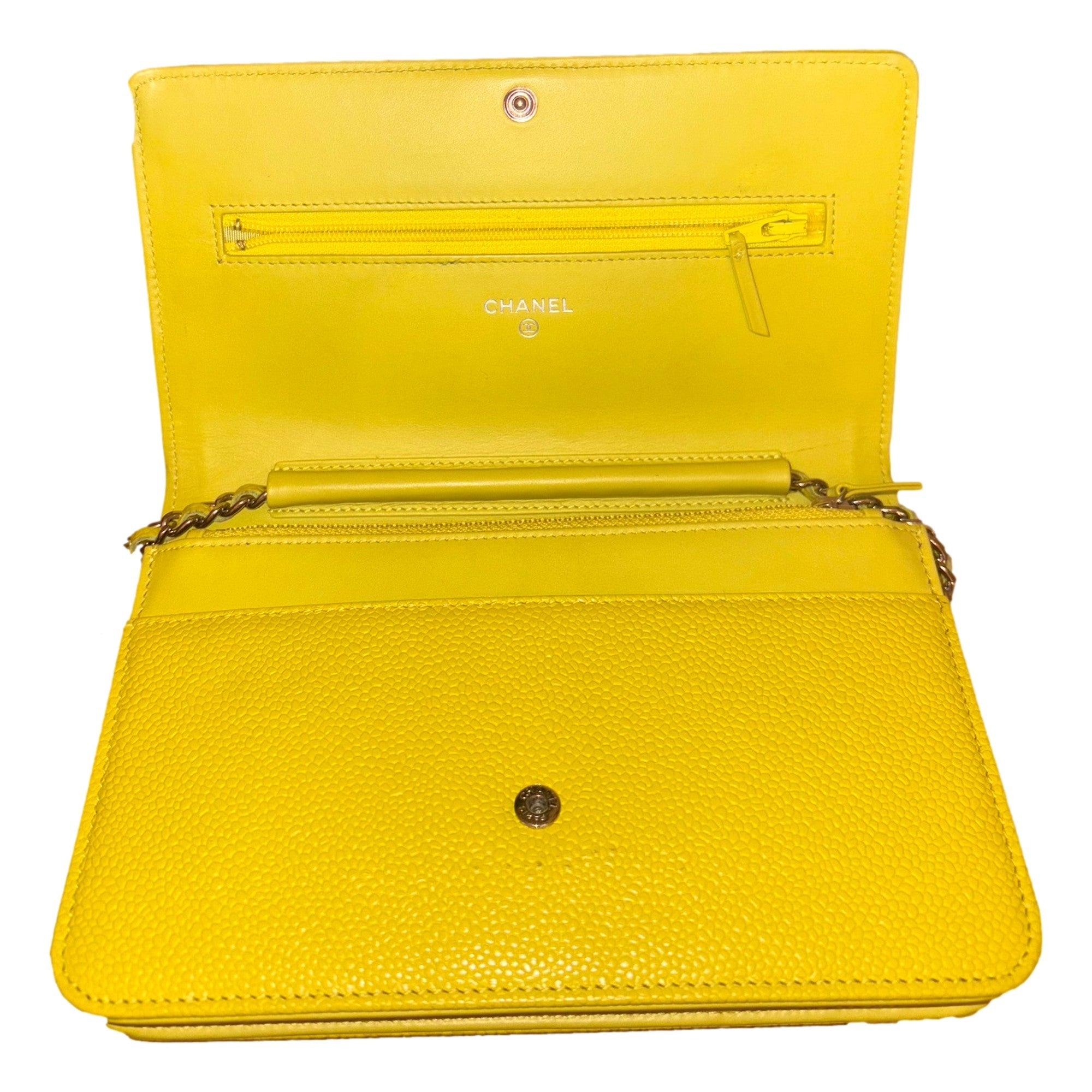 Chanel Timeless Wallet on Chain Caviar Leather Neon Yellow available at Queen Bee of Beverly Hills