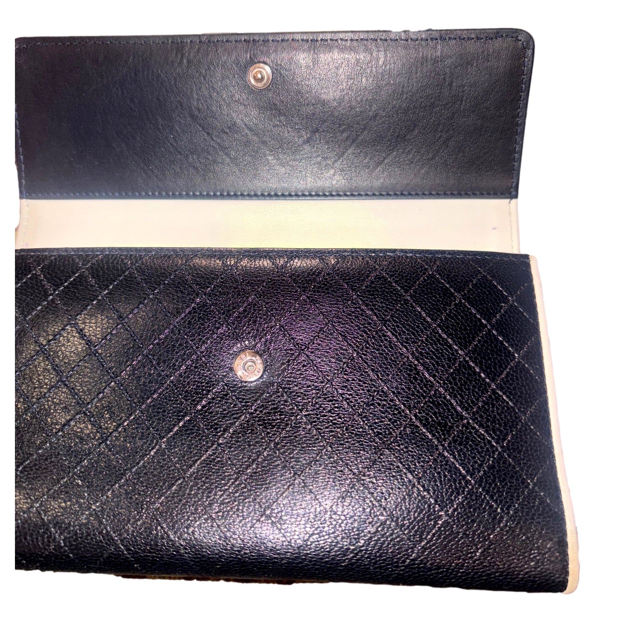 Chanel Vintage Classic Flap Black and White 3 Fold Bicorelle Wallet available at Queen Bee of Beverly Hills