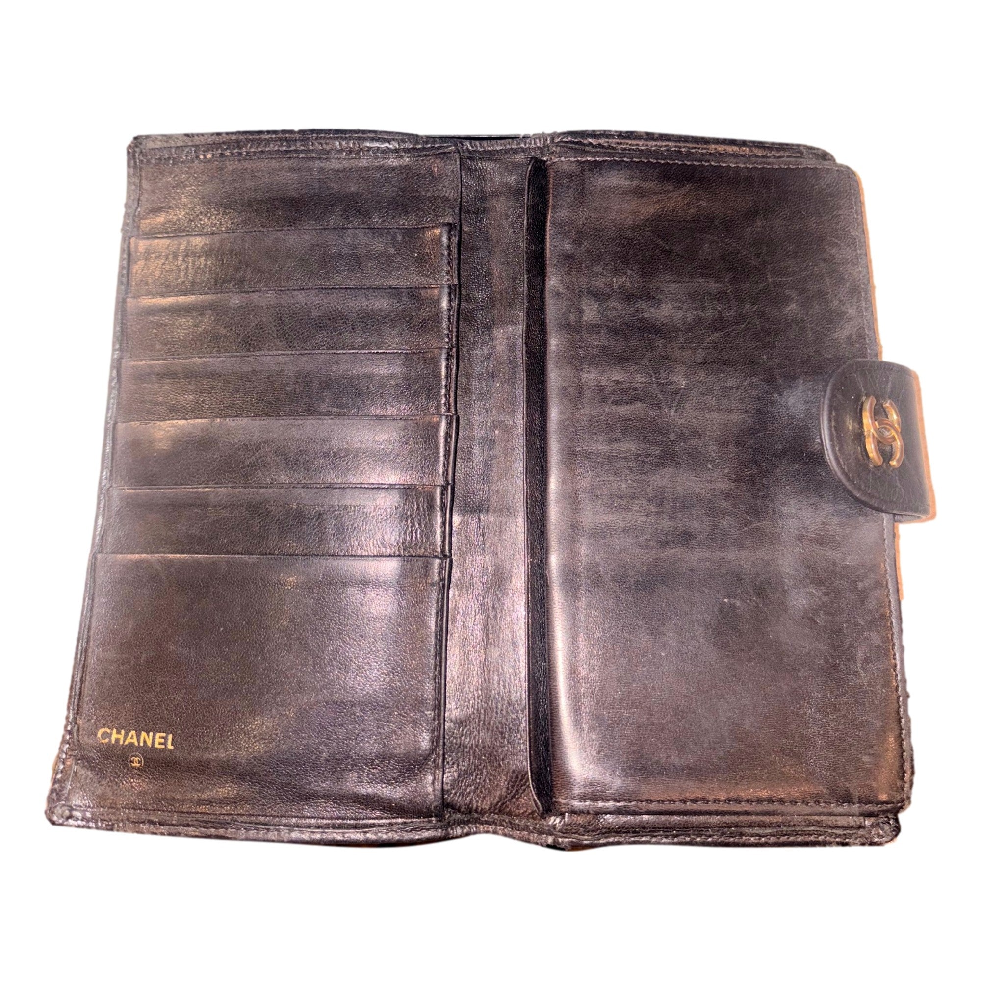 Chanel Vintage Interlocking CC Black Lambskin Quilted Wallet with Coin Compartment available at Queen Bee of Beverly Hills