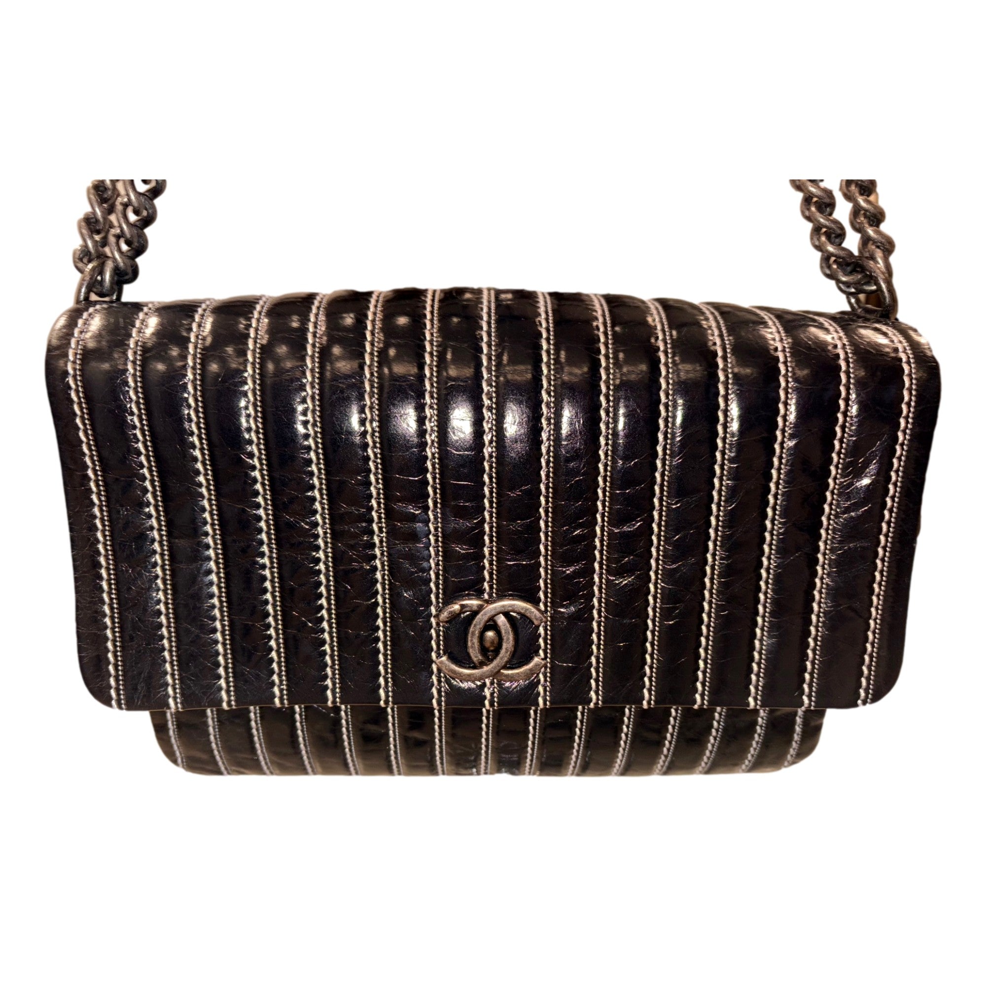 Chanel White Vertical Stitch Black Flap Bag available at Queen Bee of Beverly Hills