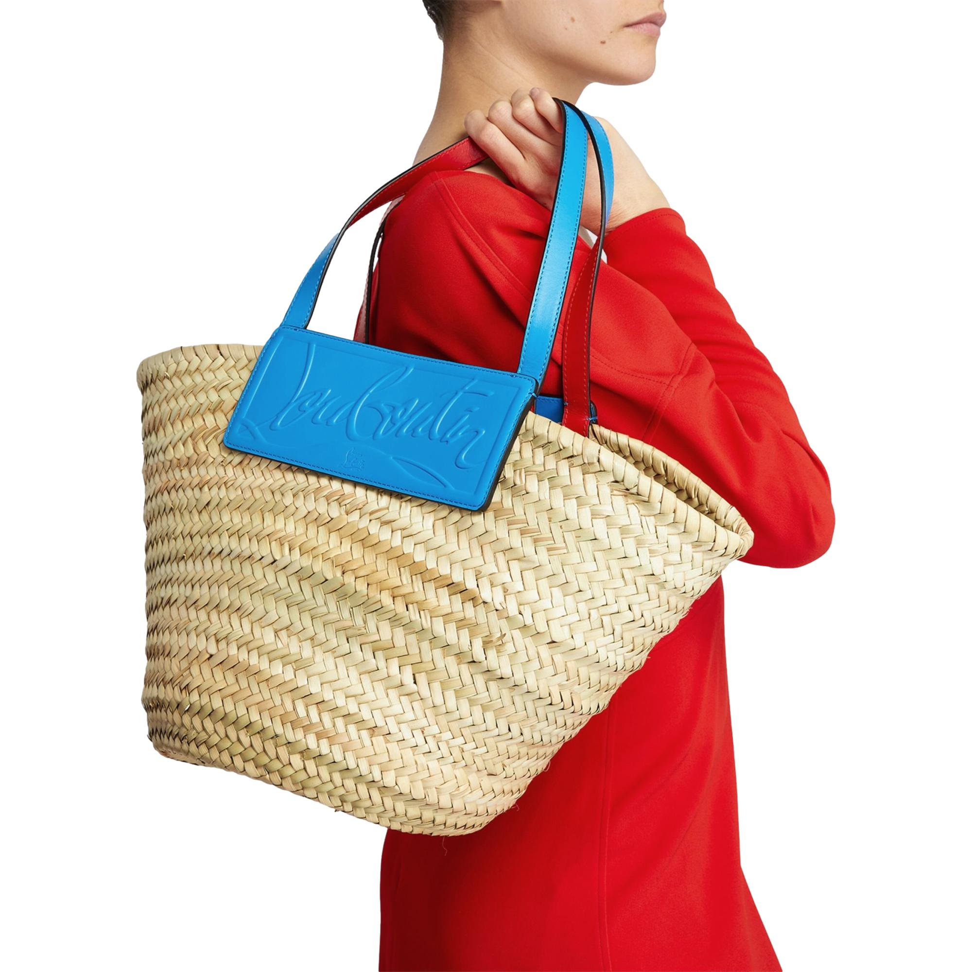 Christian Louboutin Loubishore Blue Woven Raffia Large Tote Bag available at Queen Bee of Beverly Hills