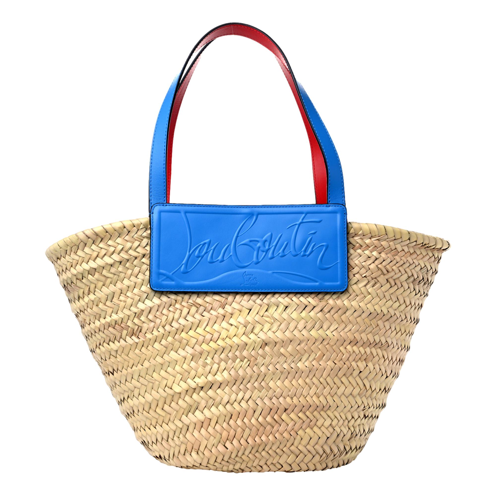 Christian Louboutin Loubishore Blue Woven Raffia Large Tote Bag available at Queen Bee of Beverly Hills
