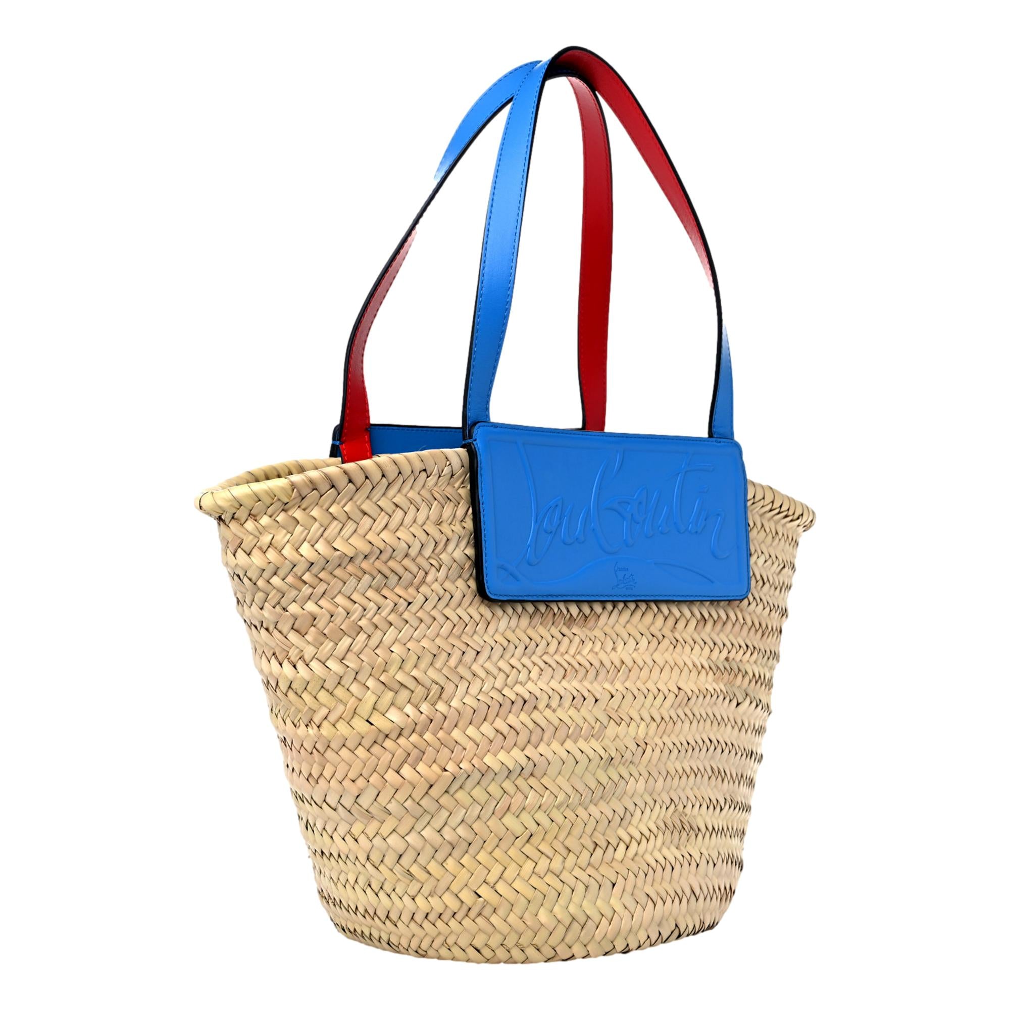 Christian Louboutin Loubishore Blue Woven Raffia Large Tote Bag available at Queen Bee of Beverly Hills