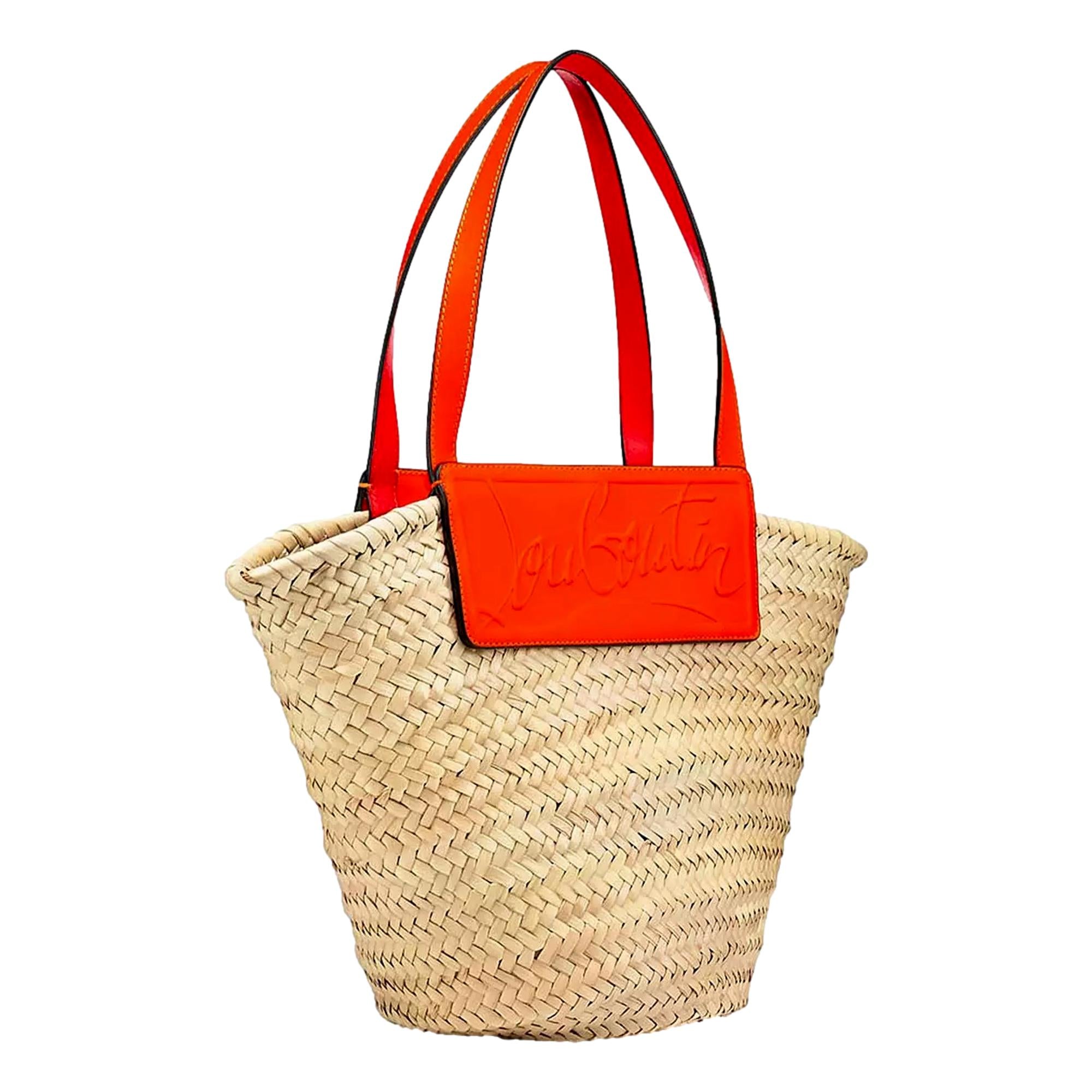 Christian Louboutin Loubishore Orange Woven Raffia Large Tote Bag available at Queen Bee of Beverly Hills