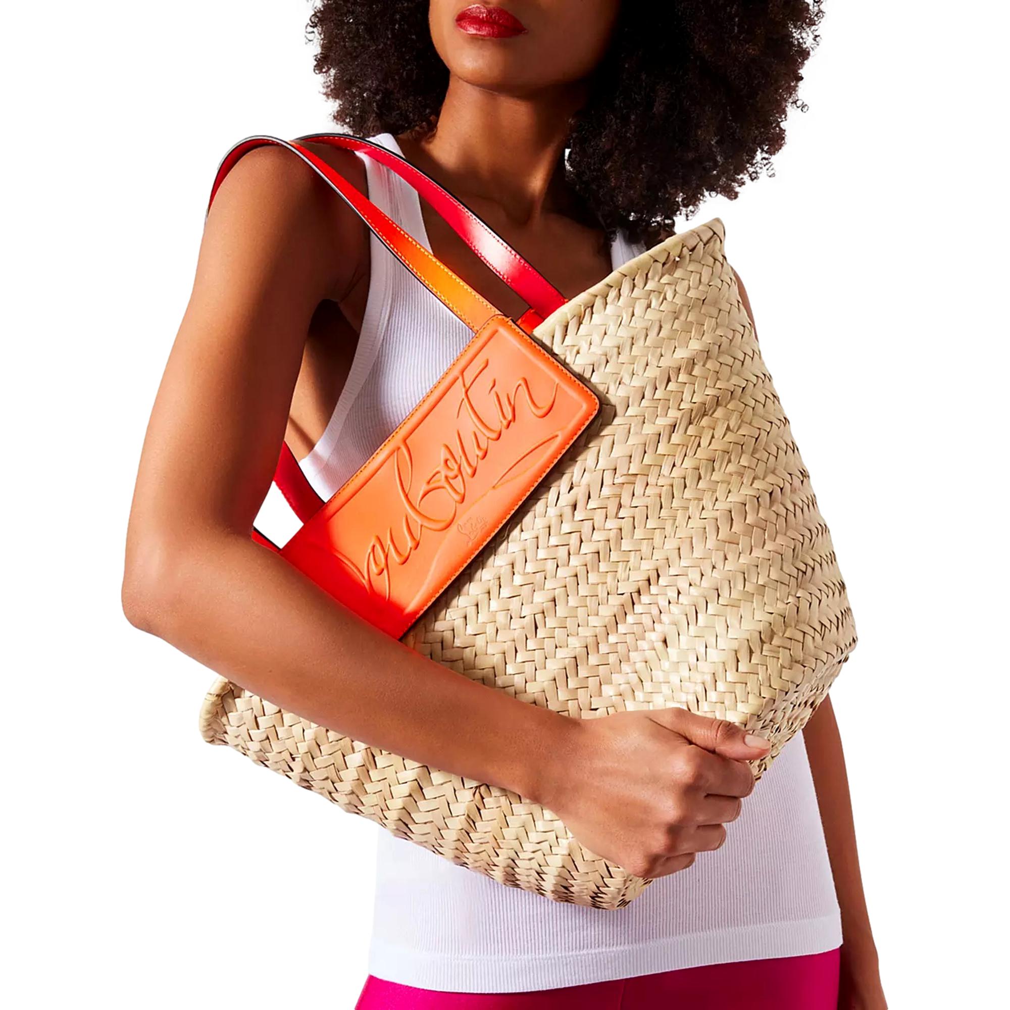 Christian Louboutin Loubishore Orange Woven Raffia Large Tote Bag available at Queen Bee of Beverly Hills