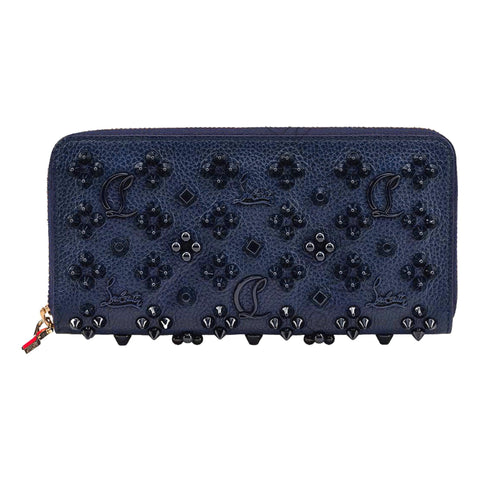 Christian Louboutin Panettone Studded Blue Leather Zip Around Wallet 3175224 at_Queen_Bee_of_Beverly_Hills