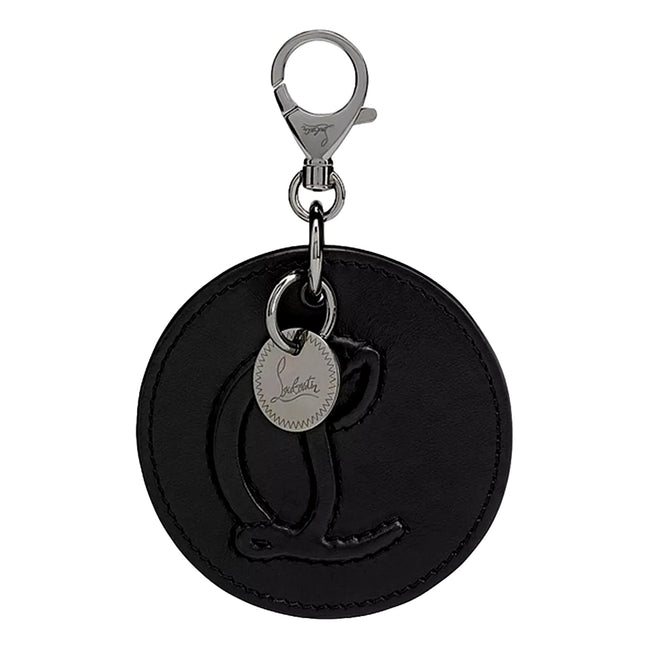 Christian Louboutin Round Leather Logo Black Bag Charm Keychain available at Queen Bee of Beverly Hills