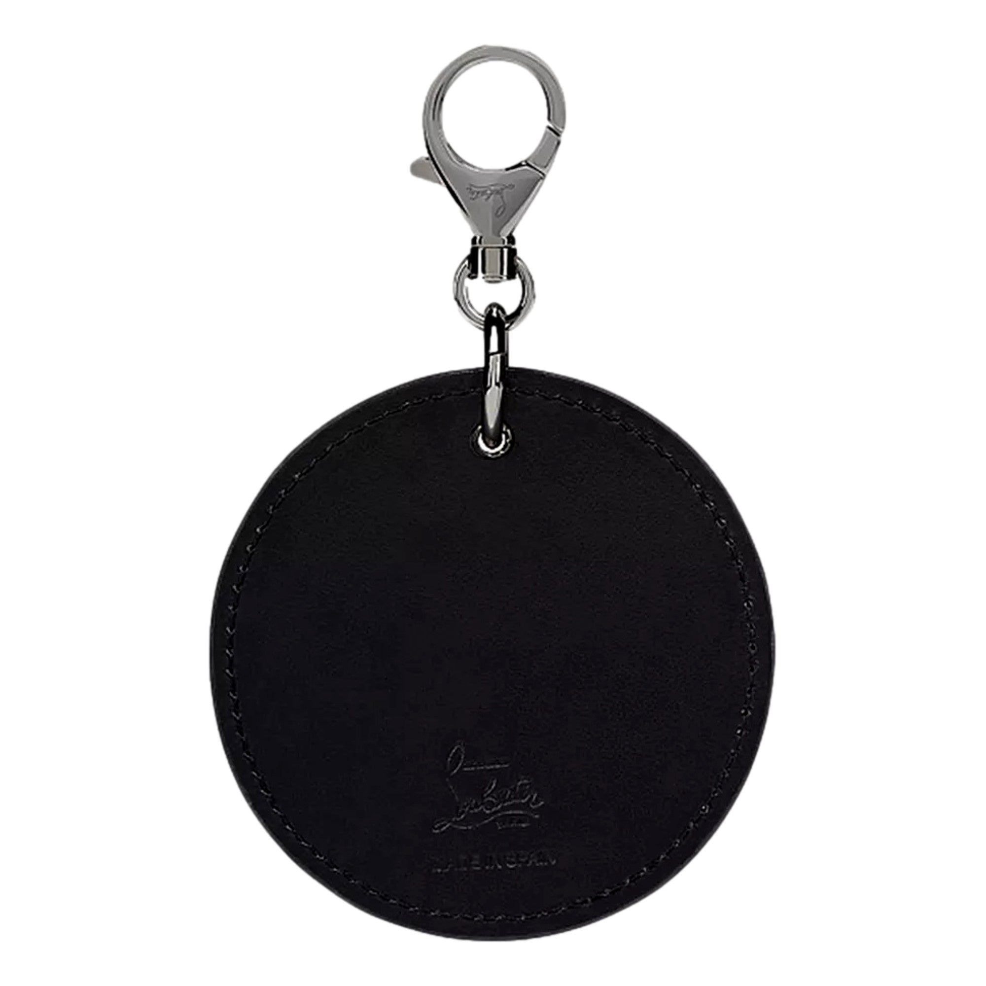 Christian Louboutin Round Leather Logo Black Bag Charm Keychain available at Queen Bee of Beverly Hills