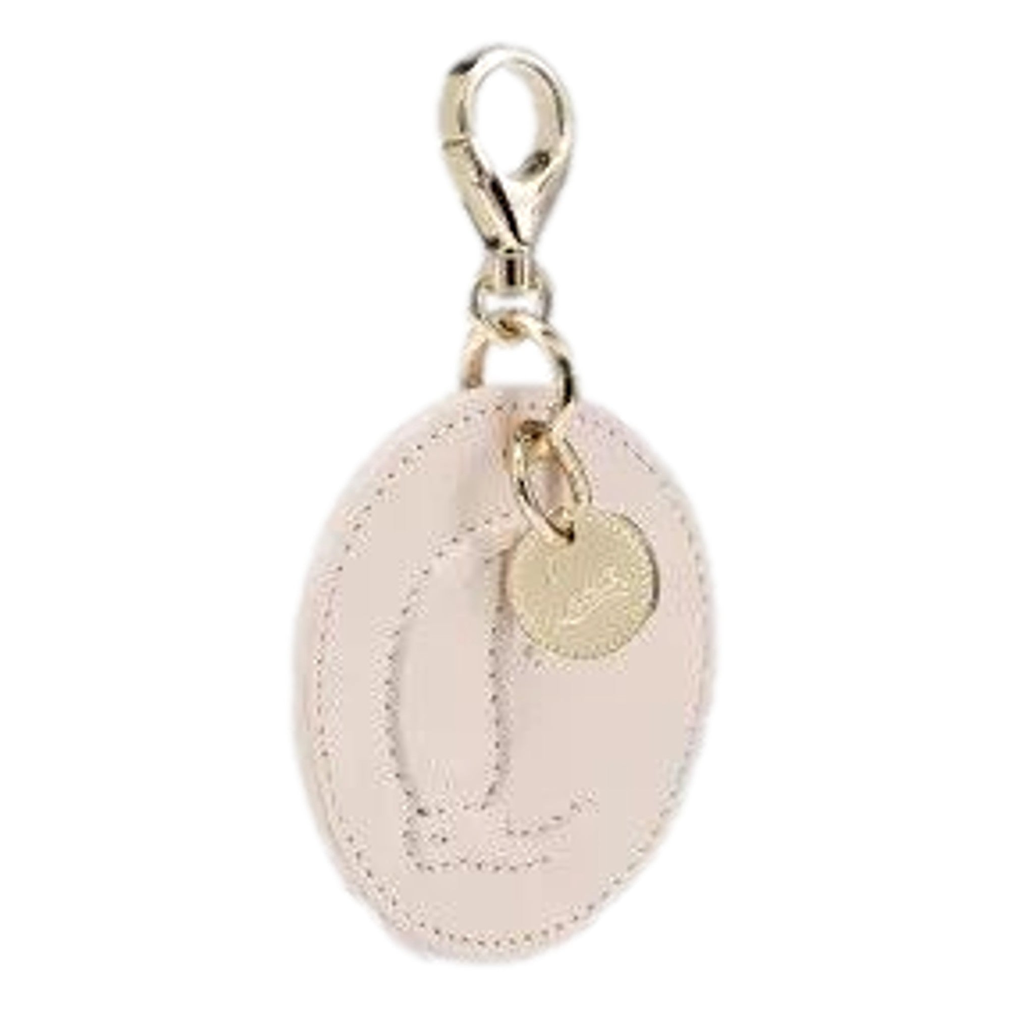 Christian Louboutin Round Leather Logo Leche Cream Bag Charm Keychain available at Queen Bee of Beverly Hills
