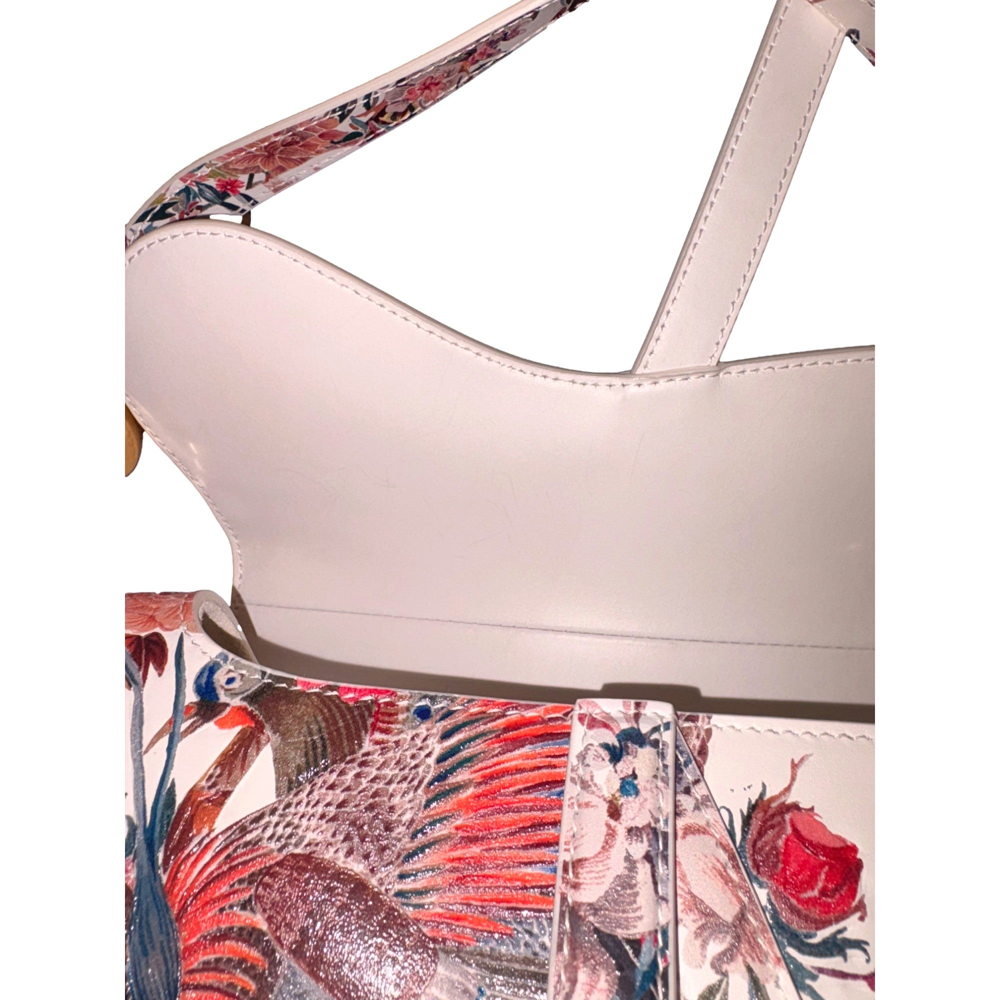 Dior Rare Floral and Bird Print Leather Saddle Bag Gold Detailing available at Queen Bee of Beverly Hills