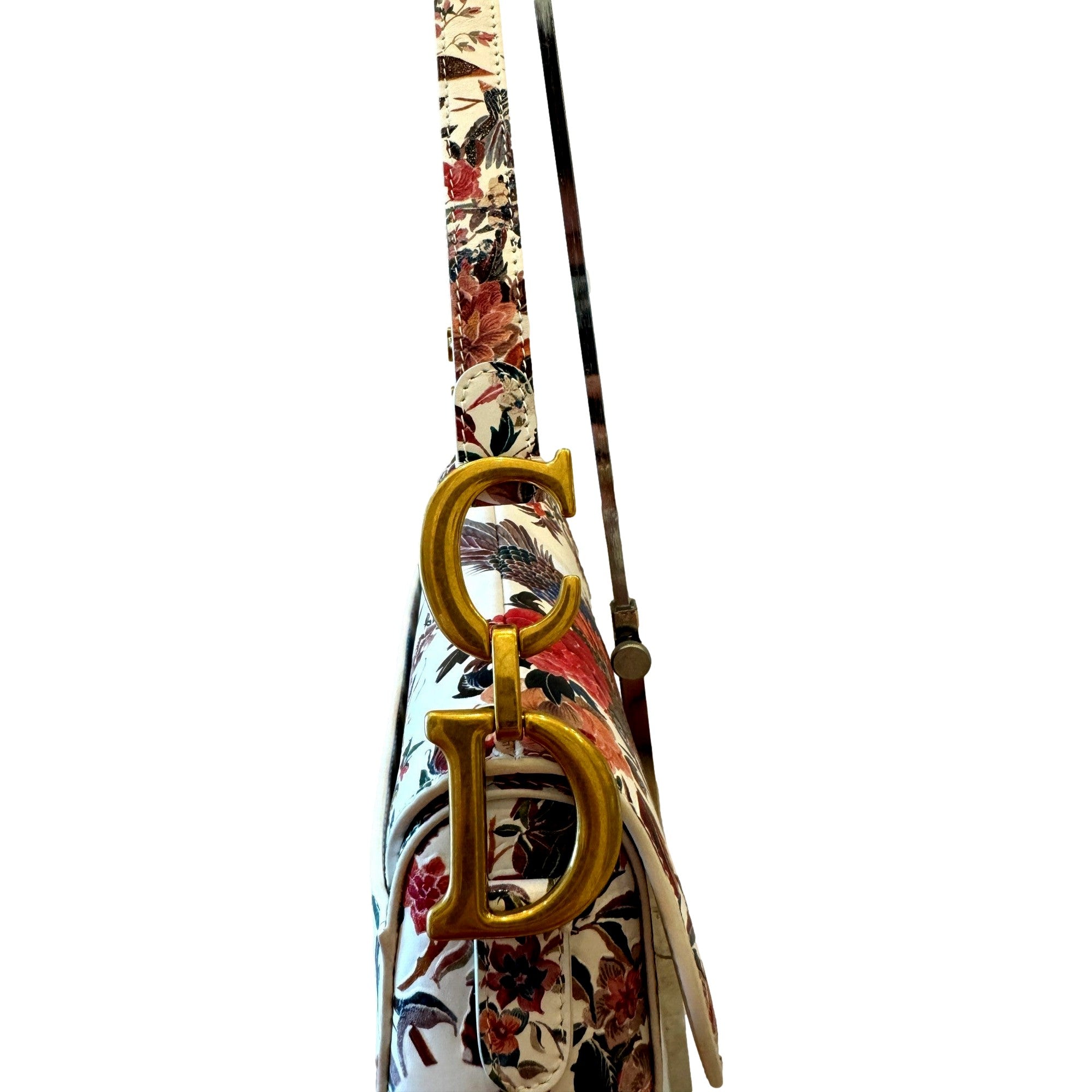 Dior Saddle Floral Bird Print Leather Crossbody Bag with Gold Charm - available at Queen Bee of Beverly Hills.
