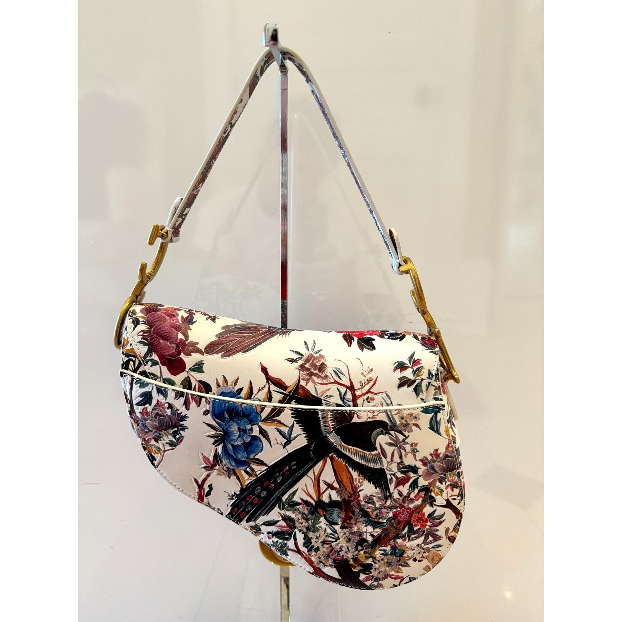 Dior Rare Floral and Bird Print Leather Saddle Bag Gold Detailing available at Queen Bee of Beverly Hills