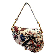 Dior Saddle Floral Bird Print Leather Crossbody Bag with Gold Charm - available at Queen Bee of Beverly Hills.