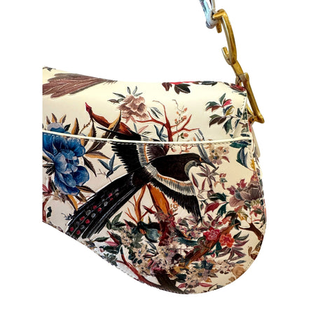 Dior Saddle Floral Bird Print Leather Crossbody Bag with Gold Charm - available at Queen Bee of Beverly Hills.