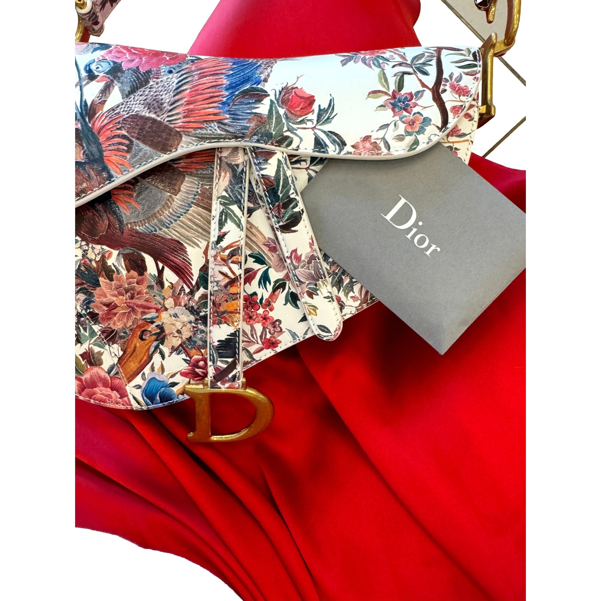 Dior Rare Floral and Bird Print Leather Saddle Bag Gold Detailing available at Queen Bee of Beverly Hills