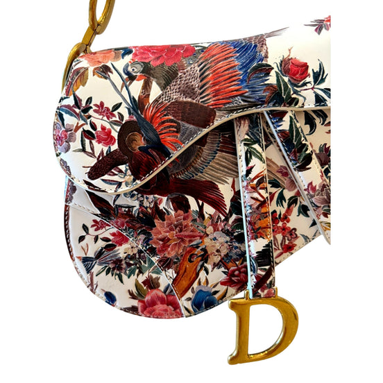 Dior Saddle Floral Bird Print Leather Crossbody Bag with Gold Charm - available at Queen Bee of Beverly Hills.