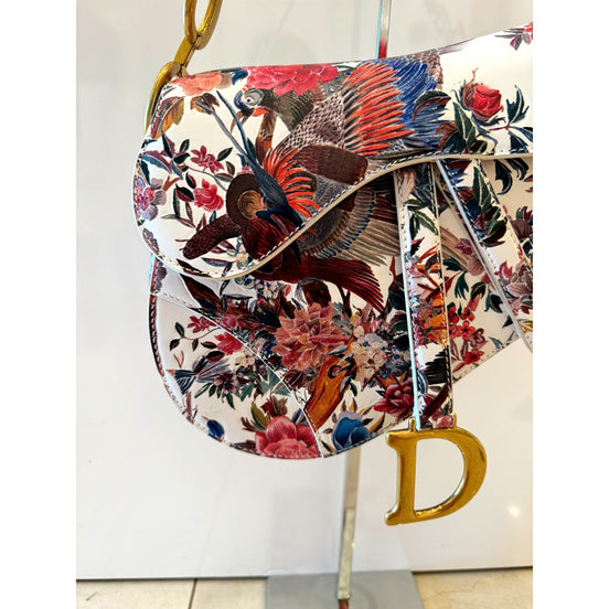 Dior Rare Floral and Bird Print Leather Saddle Bag Gold Detailing available at Queen Bee of Beverly Hills