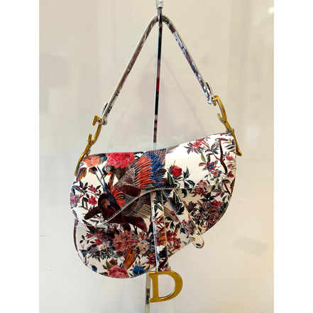 Dior Rare Floral and Bird Print Leather Saddle Bag Gold Detailing available at Queen Bee of Beverly Hills