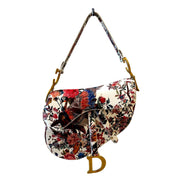Dior Saddle Floral Bird Print Leather Crossbody Bag with Gold Charm - available at Queen Bee of Beverly Hills.